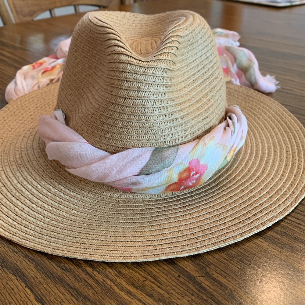 Betsy Johnson Straw Hat with Floral Scarf, like New